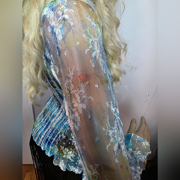 Caché Vintage Blue Abstract Floral Mesh Lace Button Up Blouse Crinkle Texture S - Picture 8 of 10